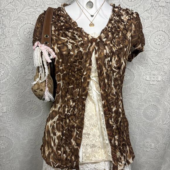 y2k silk office siren cheetah print blouse with ruffles - Picture 6 of 6